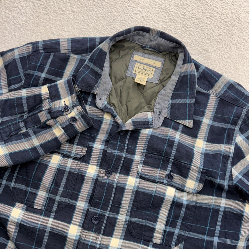 LL Bean Mens Navy Blue Plaid Quilted Flannel Shirt Jacket Slightly Fitted Large